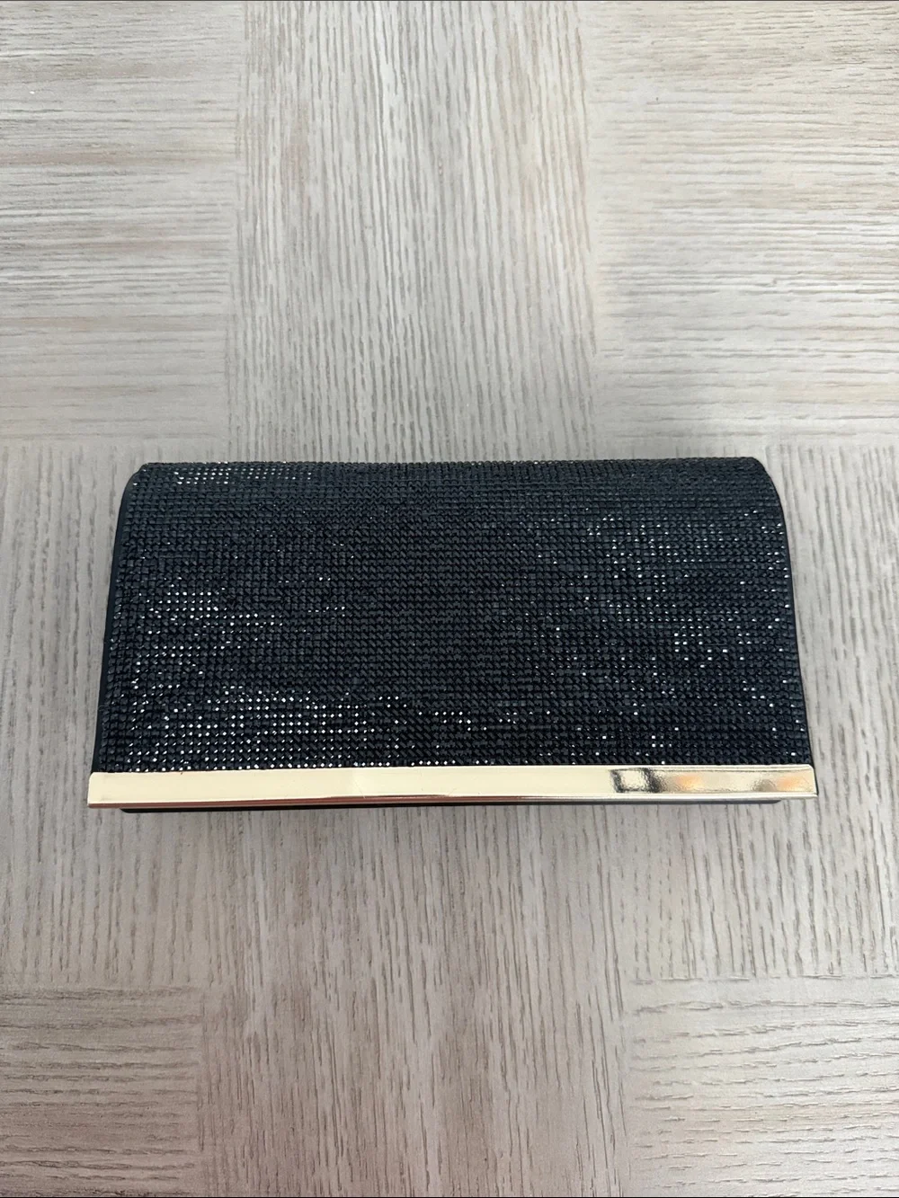 Black Crystal Embellished Evening Clutch with Gold Accent